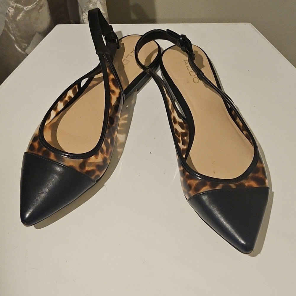 Aldo Black and Leopard Slingback Flats